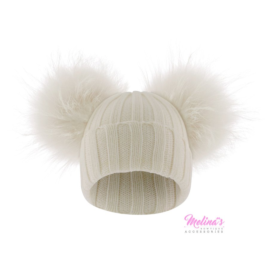 Cream Ribbed Double Pom Angora Beanie