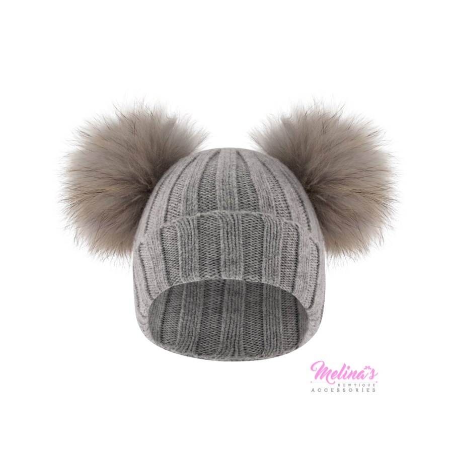 Grey Ribbed Double Pom Angora Beanie