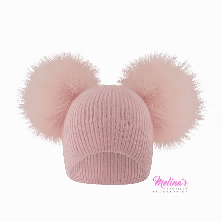 Pink Ribbed Double Pom Angora Beanie